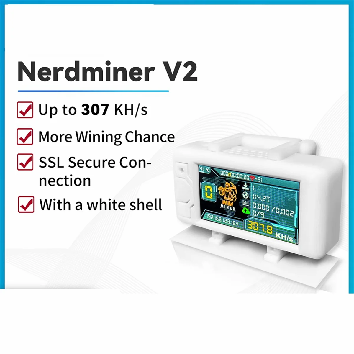 

Bitcon Nerd Miner BTC Crypto Solo Lottery 307KH/S ESP32 Vision Master T190 с белым корпусом Win BTC WiFi BLE Connection