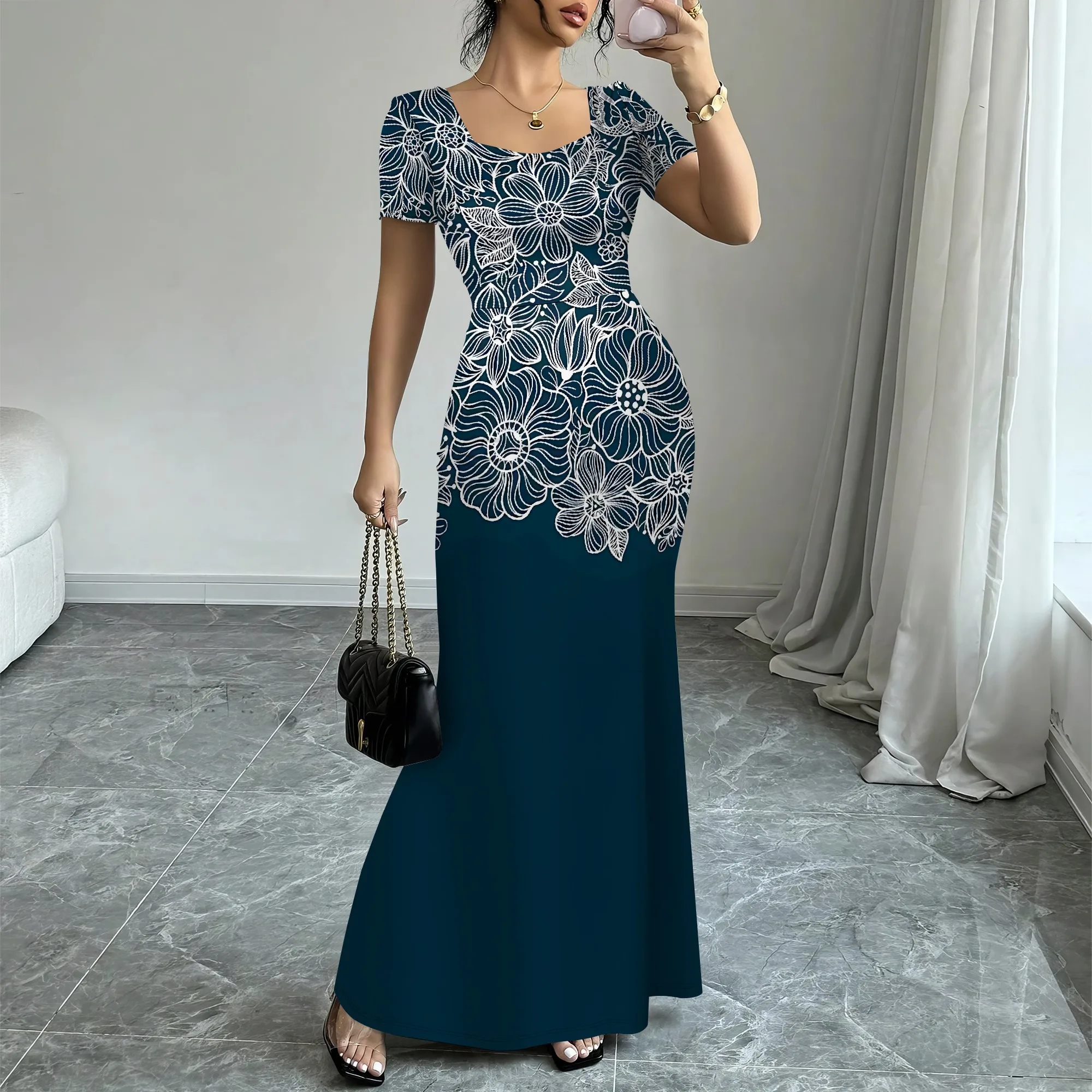 

Nupusa Floral Print Dress for Women Regular Size Summer Casual Square Neck Short Sleeve Maxi Dress