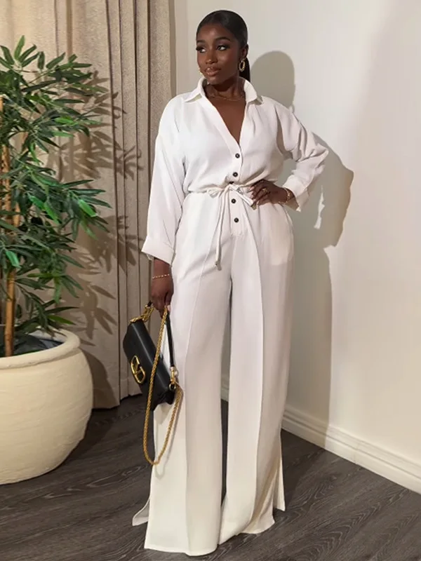 

Color Lapel Long Sve Jumpsuit Women's Street Sle mid Waist Pants Polyester Fabric Spring Season China Made