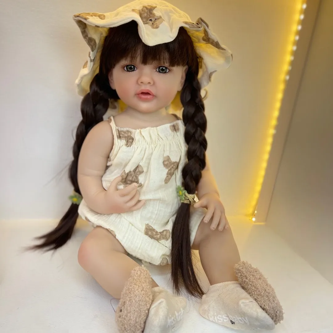 BZDOLL Realistic Lifelike Full Silicone Body Reborn Baby Girl Doll 55 CM 22inch Toy Princess Toddler Bebe with Brown Long Hair