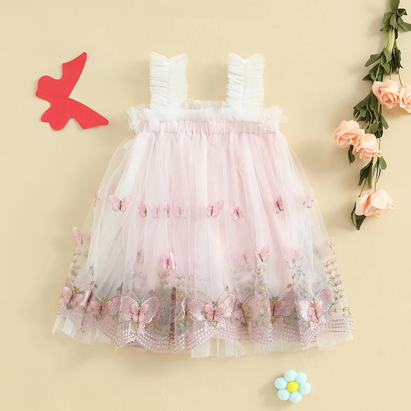 Blotona Baby Girls Summer Romper Dress Sleeveless Suspender Butterfly Embroidery Tulle Bodysuit