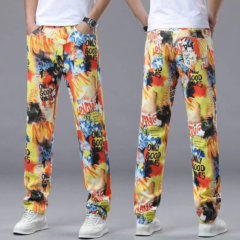 Men Fashion Versatile Printed Tie Dye Trousers Men Baggy Straight Leg Wide Leg High Street Denim Pants Classic Yellow Sweatpants