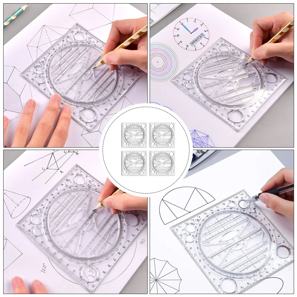4 قطع من قوالب الرسم البلاستيكية متعددة الأغراض، مقياس منقلة هندسية، خفيف الوزن للطلاب والمحترفين