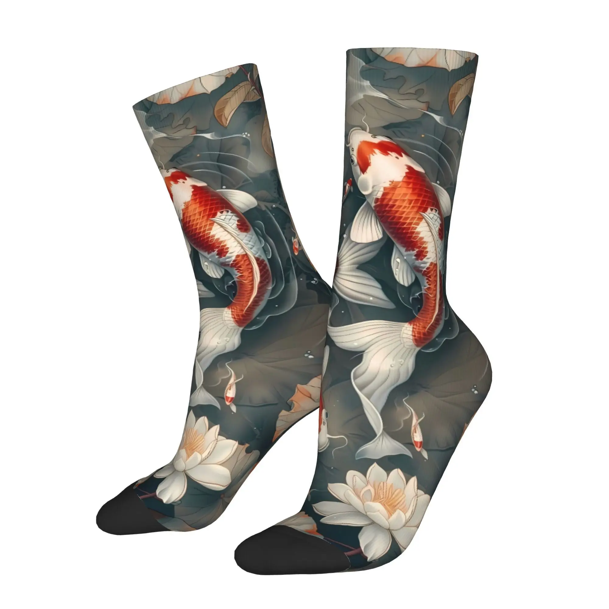 

Koi Fish Lotus Flowers Sock Printed Man Polyester Fashion