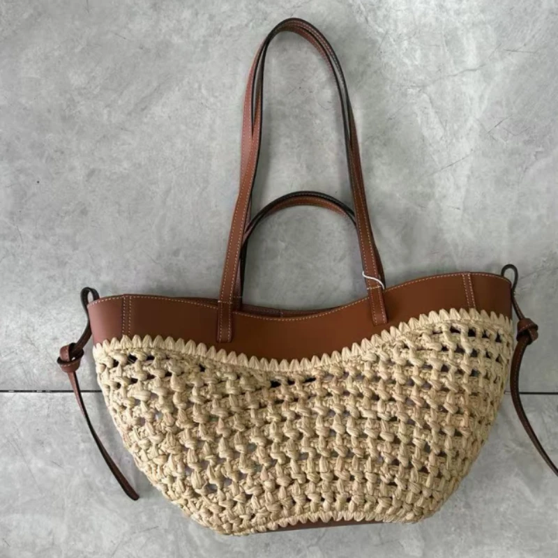 Luxury Raffia Straw Tote Bag,French Style Beach Travel Women Bucket Shoulder Bag,Leather Splicing Woven Large Capacity Handbag