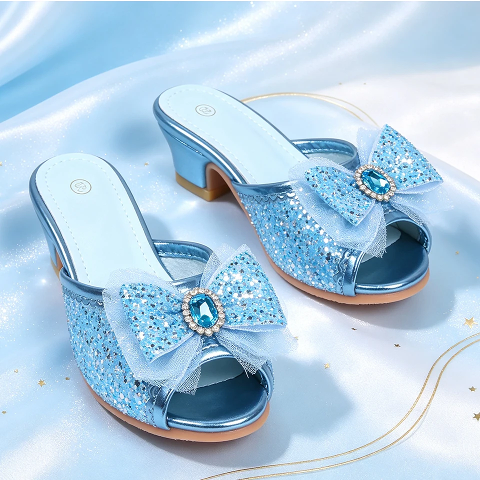 Fairy Little Girls Princess Slide Slippers Open Summer Children's Shiny Sequin Sandals Elegant Kids Toe Mid Block High Heel Shoe - view 4
