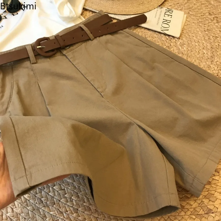 Pantalones cortos de traje para mujer con cinturón, minipantalones cortos holgados de cintura alta coreana con bolsillos sueltos, estilo OL,