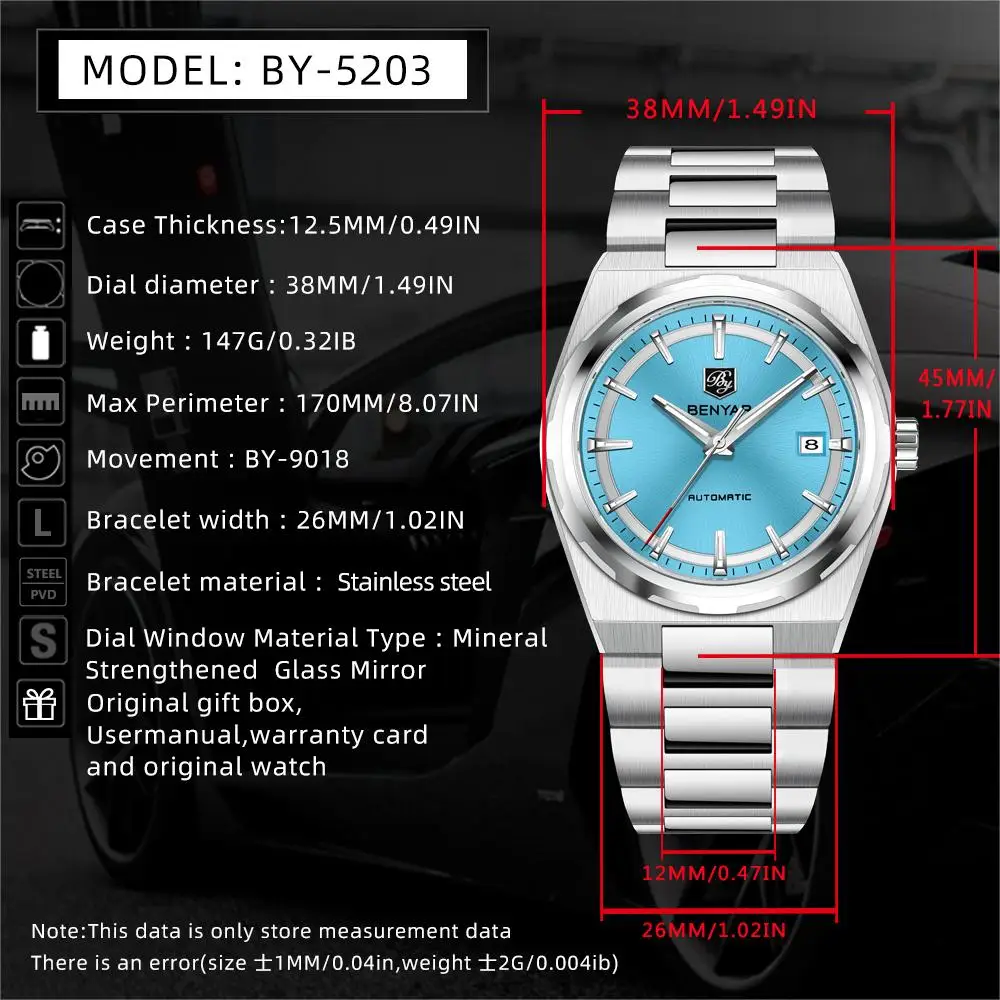 BENYAR Luxury Mechanical Wristwatch Stainless Steel Brand Watches Fashionable with Calendar Watch for Men BY5203