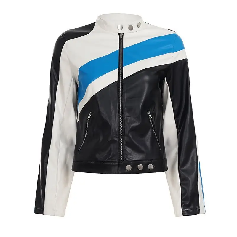 

Y2k spicy girl style contrasting color motorcycle PU leather jacket slim fit short stand up collar retro american trendy jackets