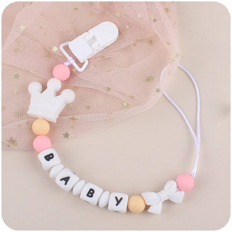 Gepersonaliseerde Naam Baby Fopspeen Clips Kawaii Siliconen Strikjes Dummy Tepels Houder Ketting Diy Pasgeboren Accessoires Tandjes Speelgoed Cadeau