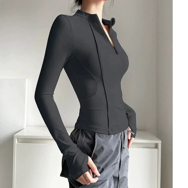 Traje de fitness con media cremallera elástica para ejercicio de yoga de manga larga ajustado para mujer para uso activo