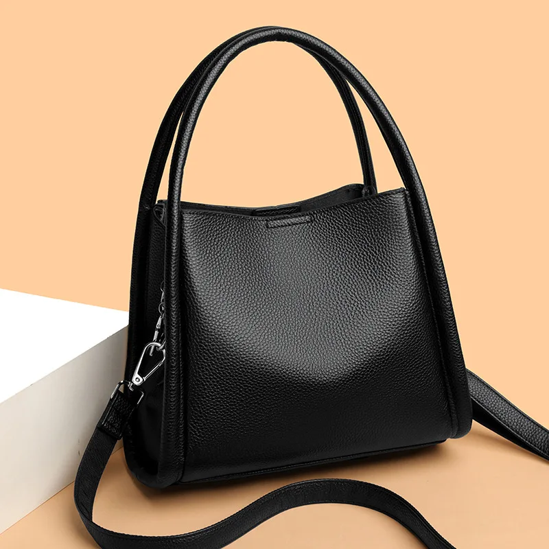 High-end casual large-capacity handbag, simple women's bag, genuine leather bucket bag, solid color single shoulder crossbody ba