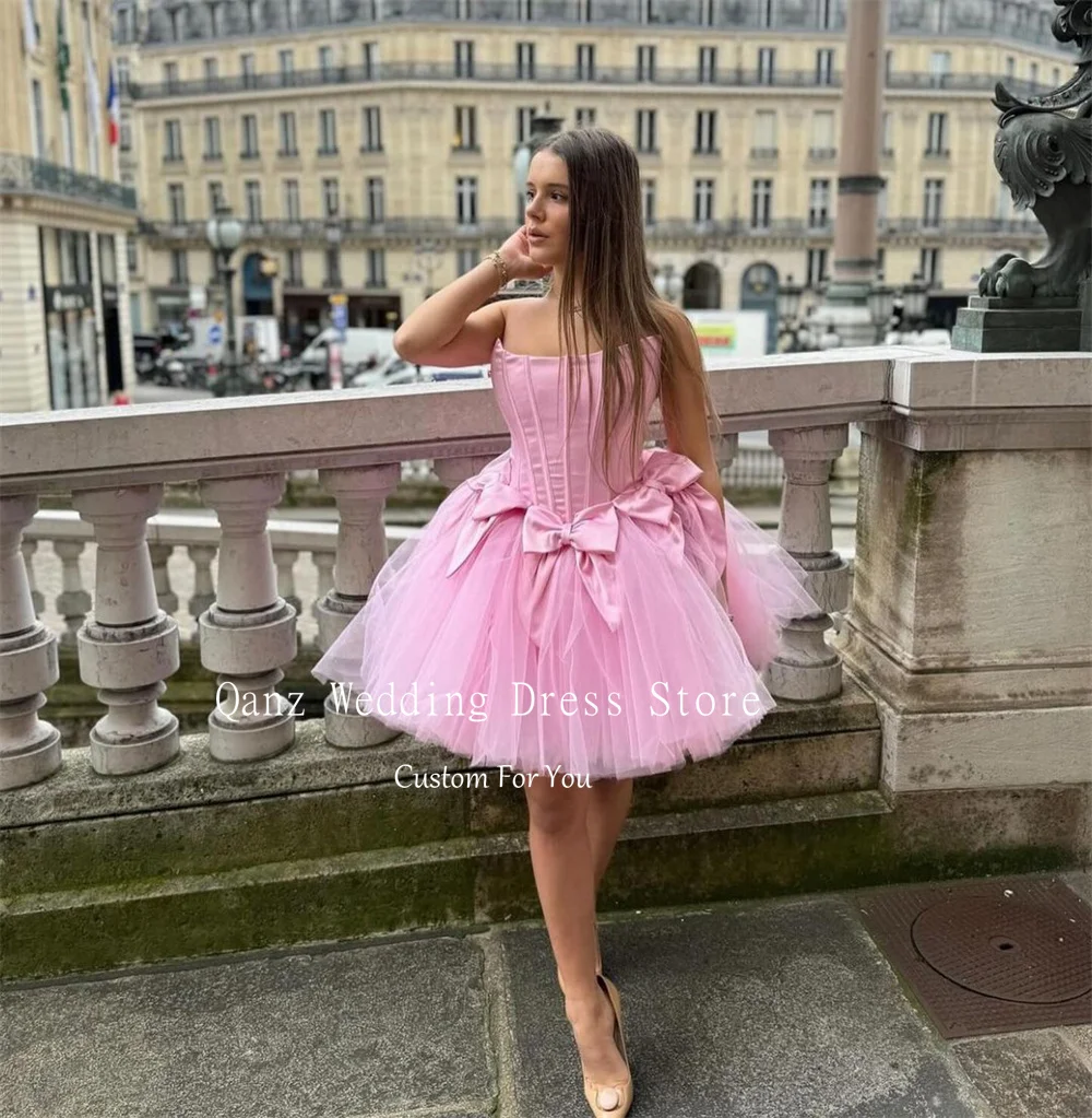 Qanz Pink Tulle Prom Dresses Bone With Bows Lace Up Back Short Women Party Gown Mini A Line Vestidos De Fiesta Customized