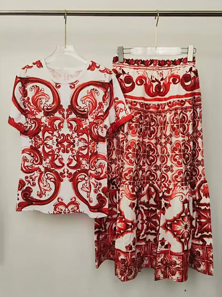 2026 Summer Women's Clothing Retro Geometric Print Knitted Pullover T-shirt Two-piece Set + High Waist Loose Skirt Fashion Suit