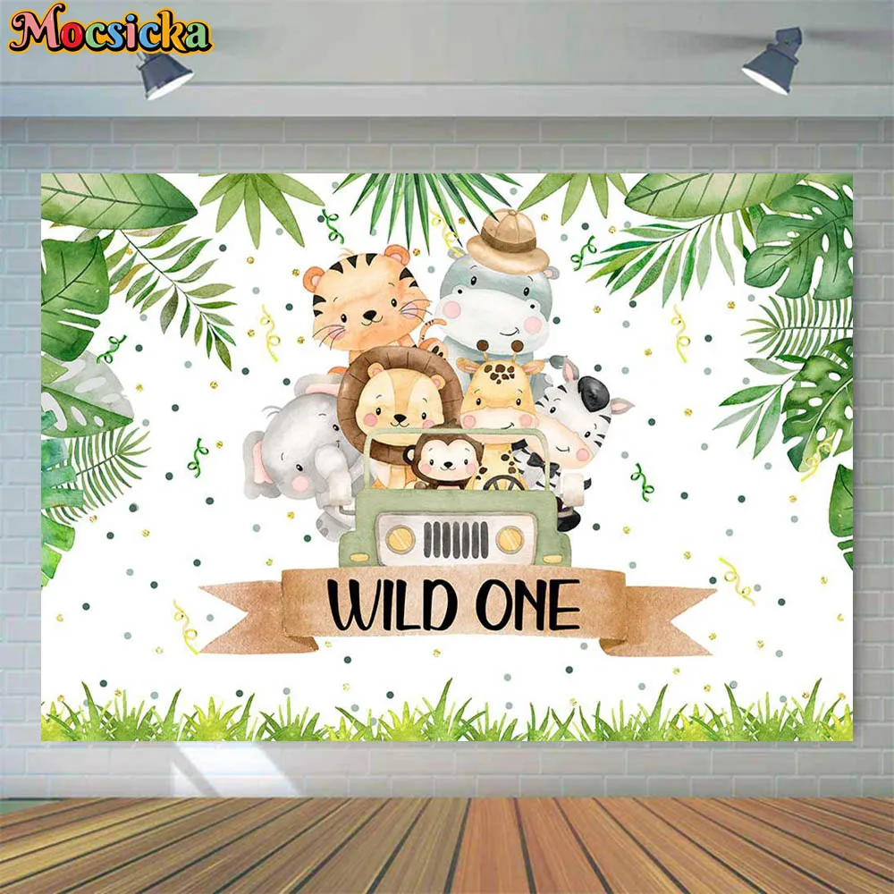 

Mocsicka Wild One 1st Birthday Backdrop Jungle Animals in the Car Safari Cake Smash Photography Backgrounds Birthday Party Decor