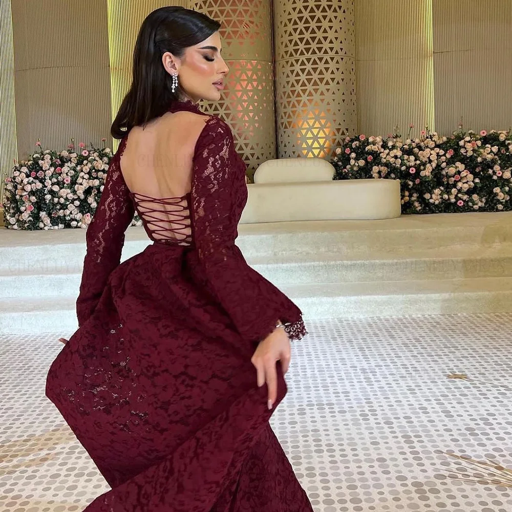 Lace Burgundy Formal Occasion Dresses 2024 V-Neck Long Sleeves Mermaid Ball Gown Backless Sexy Evening Party Gown فساتين الحفلات