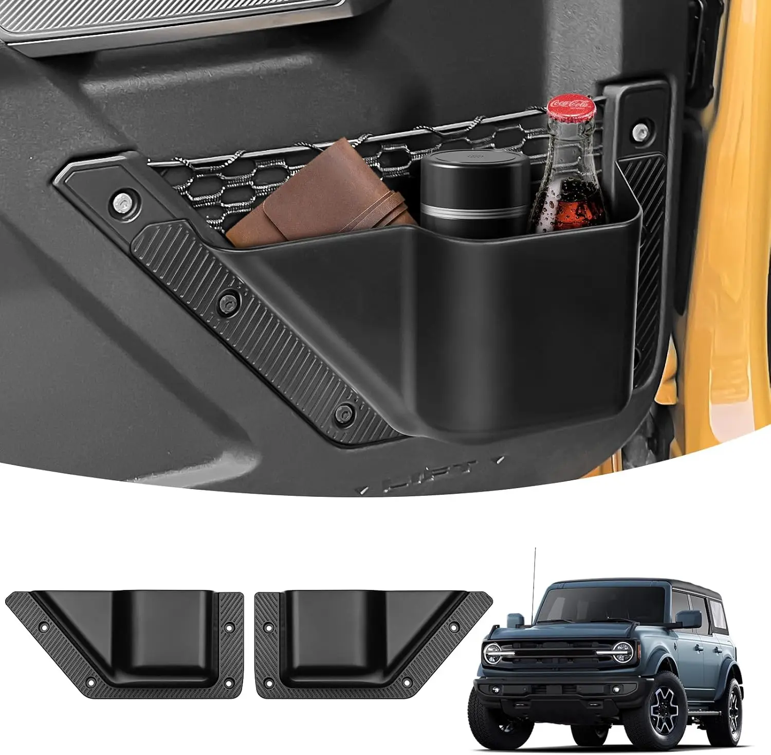 Kompatibel mit 2021-2025 2026 Ford Bronco Zubehör Getränkehalter Seitenorganizer Box für Bronco Aufbewahrung 2/4-Türer (Nicht Sport) – Detail 2