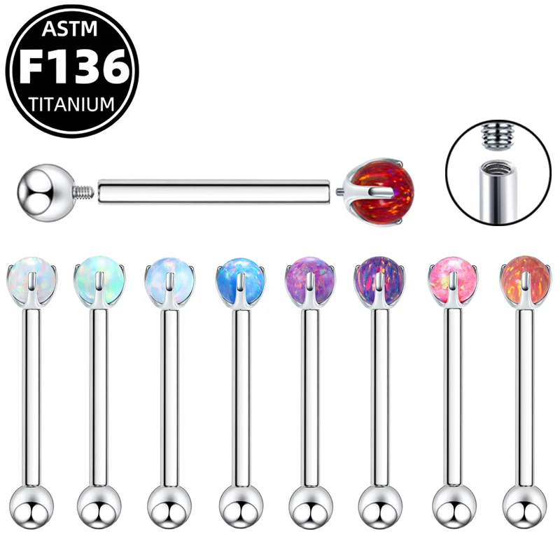 ASTM F136 Titanium Straight Industrial Barbell Opal Tongue Ring, 16G Internally Threaded Nose Bridge Rings Body Piercing Jewelry