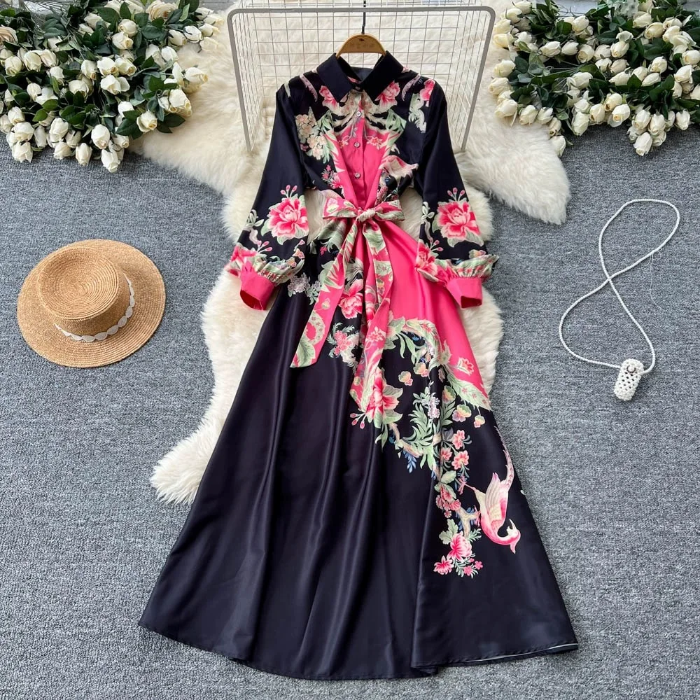 المرأة قميص طوق خمر الأزهار طباعة كم طويل فساتين حريمي واحدة الصدر طويل ألف خط الكاحل طول فستان SL138