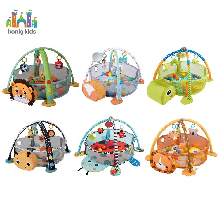 Konig-colchonetas de juegos Para niños y bebés, 3 en 1, animales, leones, coloridos, Gimnasio de actividades, juegos de bolas