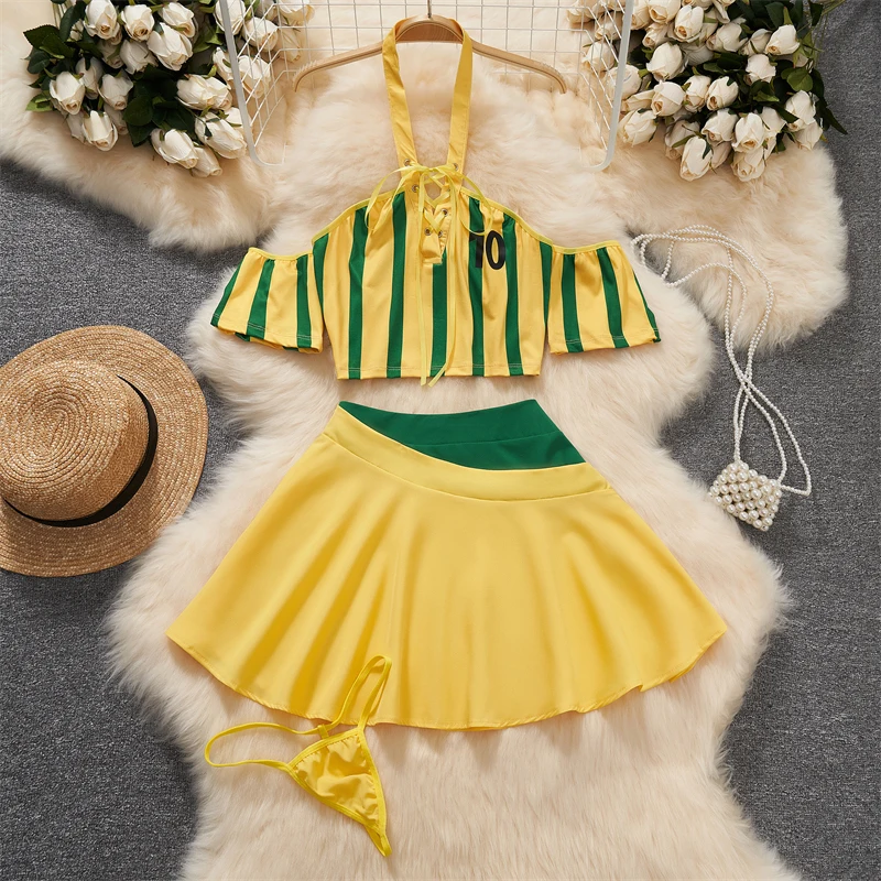 Football Baby Cheerleading Uniform 3-Pieces Suits Short Skirt Women  Lace-up Neck-mounted Stripe Skinny Crop Top Sexy Sets Sport