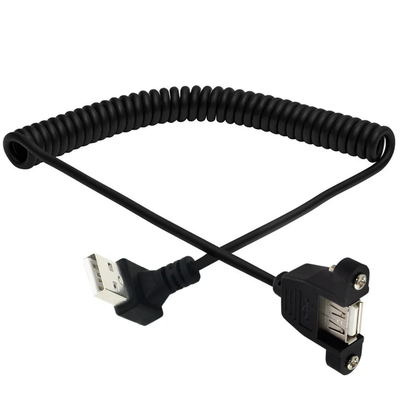 USB 2.0 A Female Panel Mount to Up & Down & Left & Right Angled A Male Extension Coiled Spiral Cable