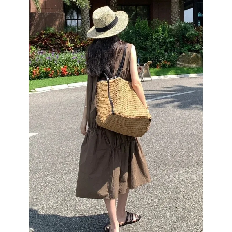 Vintage Straw Baskets Bag Straw Style Woven Shoulder Bag Large Capacity Handmade Woven Handbag​​