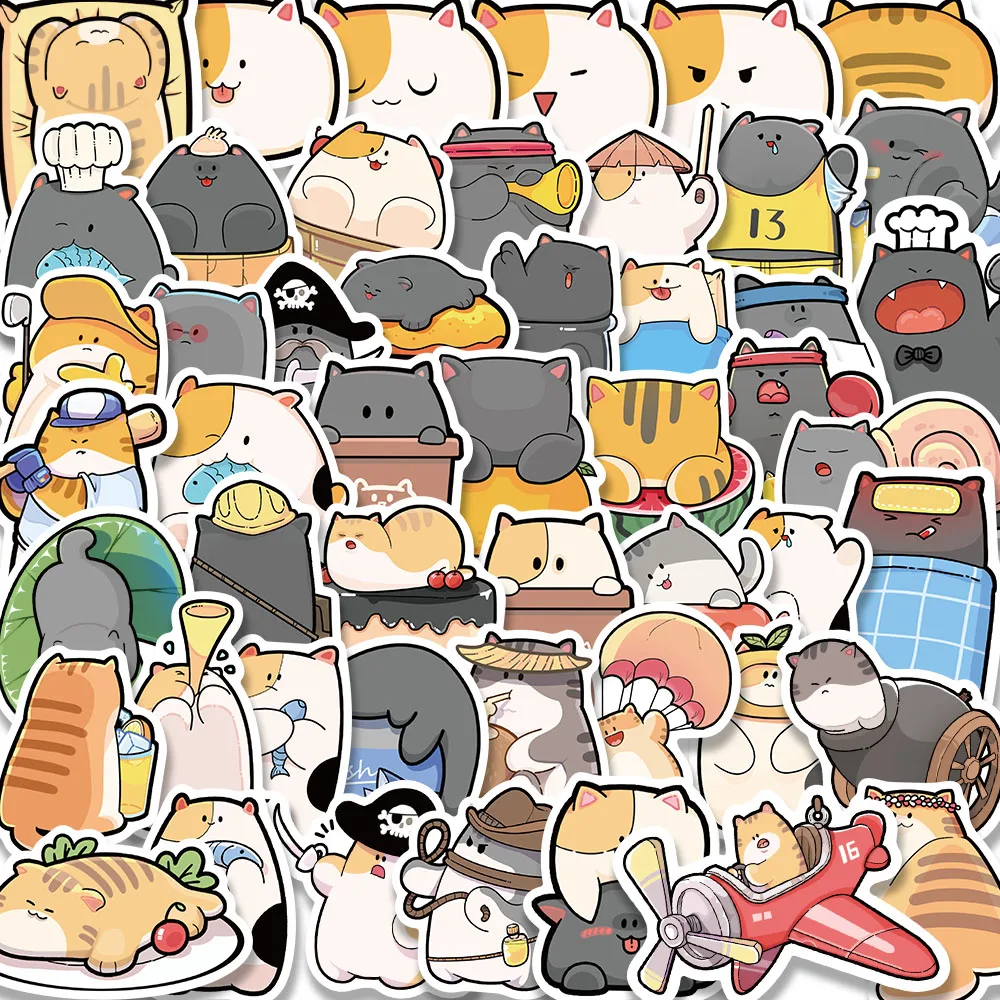 50PCS Plump CAT Cute Chubby Animals Cartoon Vinyl Stickers Decals for Water Bottle Laptop Skateboard Scrapbook Luggage Kids Toy