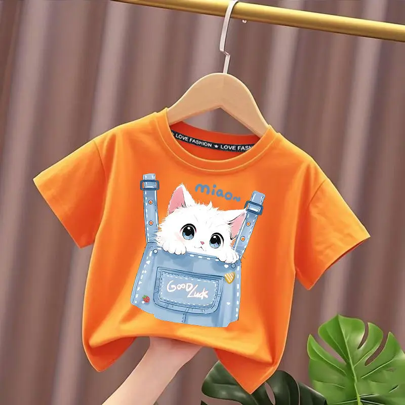 Kitten Overalls Printed Summer Children's Pure Cotton Short Sleeved Loose Half Sleeved Parent-child Fashionable Versatile Tshirt