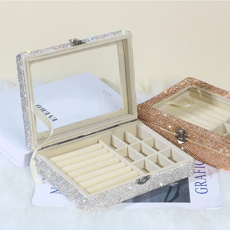 Fashion Rhinestone Portable Jewelry Storage Box Jewelry Display Organizer Tray Holder Earring Jewelry Box Showcase Locket Case