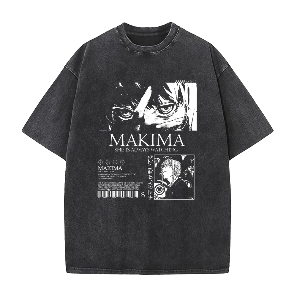 

Chainsaw Man Manga Tshirt Makima Print T Shirt Men Women Wash Vintage Tees Clothing Summer Short Sleeve Pure Cotton T-shirt