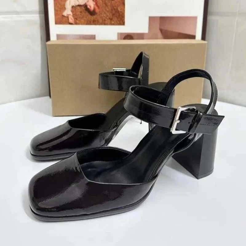 

Brand Block Heels Women Mary Jane Shoes Patent Leather Retro Square Toe Elegant Ankle Strap Design Shallow Daily Ladies Pumps