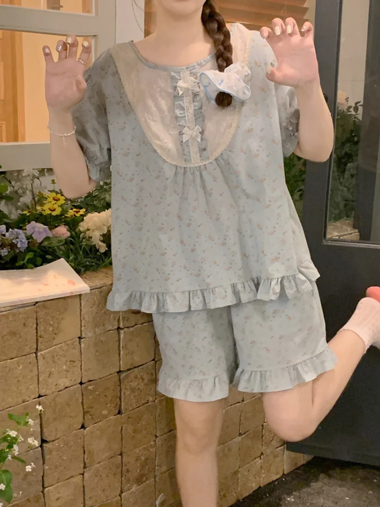 

Lace New Soft Floral Print Flowers Sweet O-Neck Court style Summer Pajama Set Women Kawaii Fashionable Princess Sleep Tops Ins