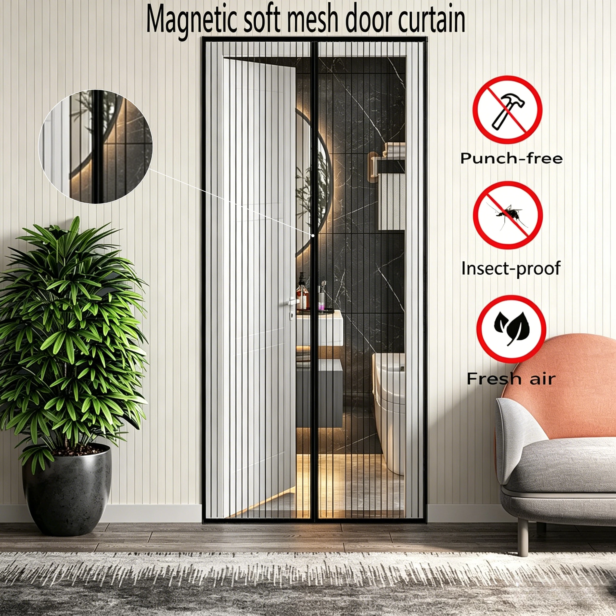 Magnetic Soft Mesh Door Curtain, Self-Adhesive, Punch-Free, Embroidery Anti-Mosquito Screen for Summer