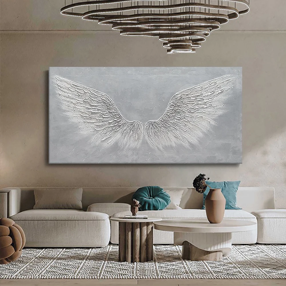 

Handmade Angel Wing Painting Thick Texture Canvas Painting Abstract 3D Gray White Acrylic Painting For Living Room Bedroom Decor