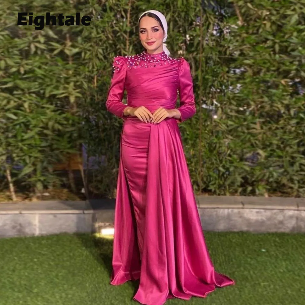 Eightale Hot Pink Formal Occasion Evening Dresses with Long Sleeves Bead Karakou Satin Mermaid Women Wedding Party Gown For Prom