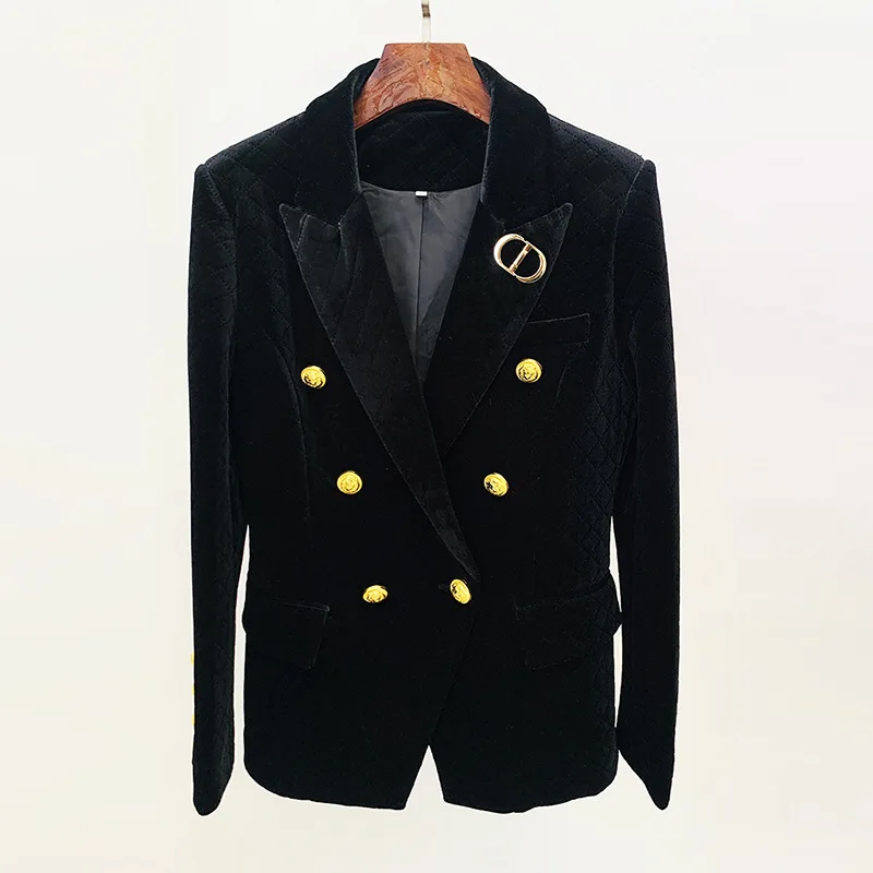 

Бархатный костюм с металлическими пуговицами в виде льва, двурядная пуговица, топ-джакет, элитный топ Baa, осень-зима, новинка, облегающий длинный костюм для поездок на работу...