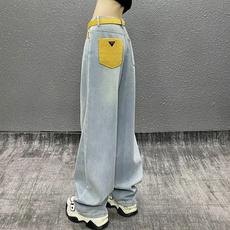 Spliced   pockets Washed Simple Light-colored Jeans High-waisted Loose Versatile Straight-leg Wide-leg Trousers