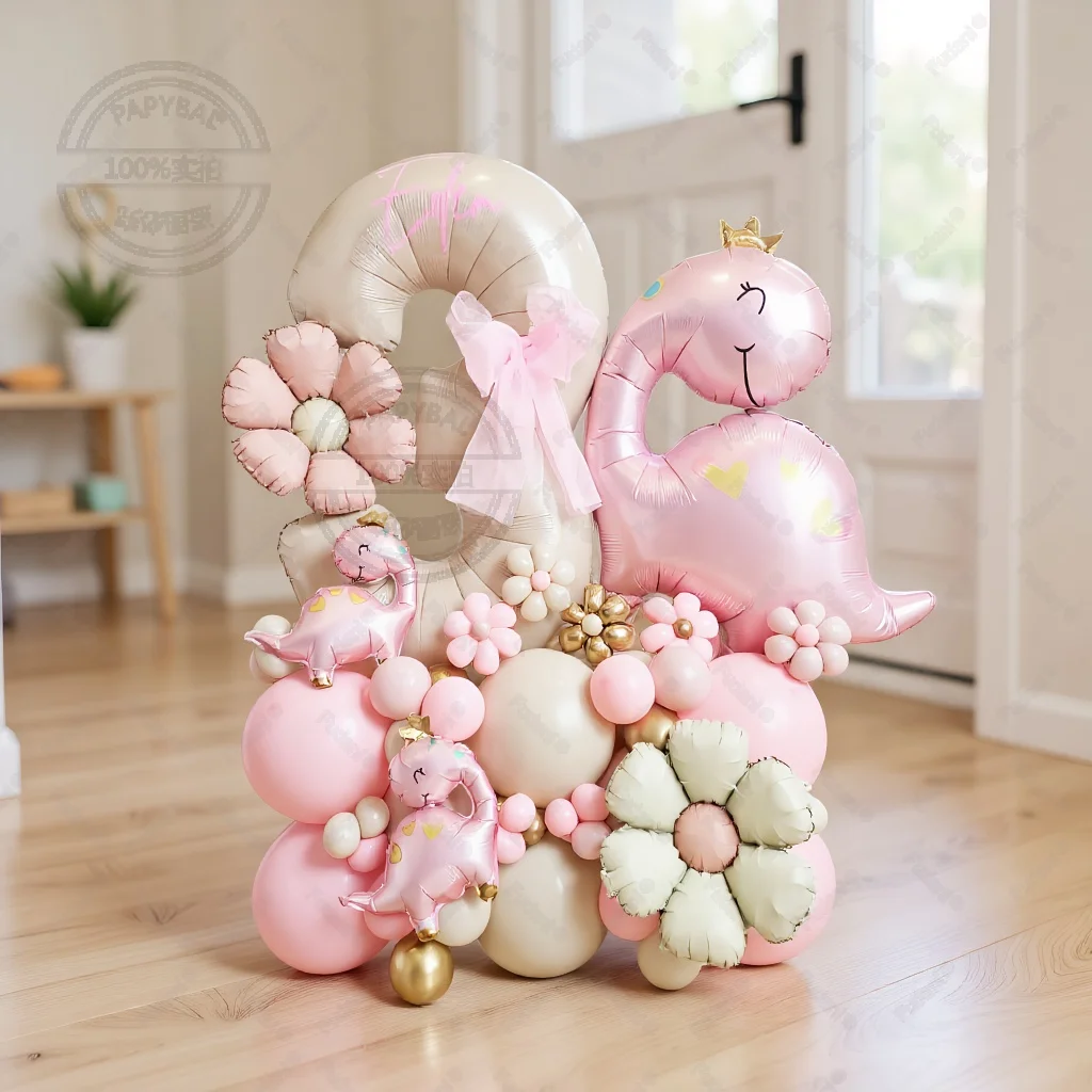 53 Stück süße rosa Krone Dinosaurier Ballon Gänseblümchen Zahl Geburtstag Ballon Set Cartoon Tier Thema Party Dekoration Festival liefert