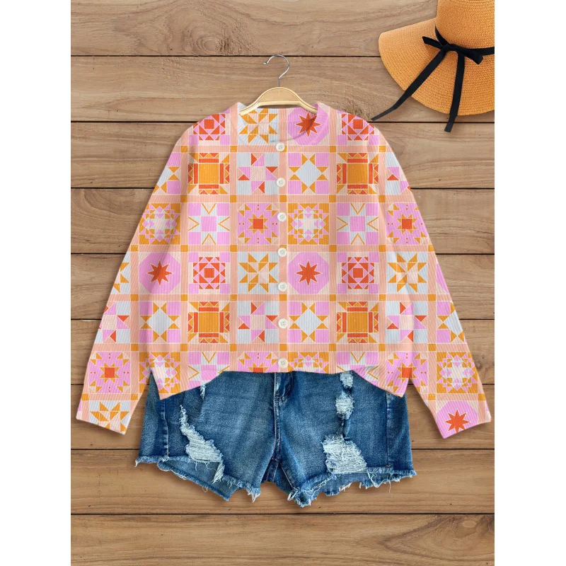 

Geometric Block Print Digital-Printed Women's Knit Cardigan Thick & Oversized Fit Round Neck & Long Sleeves Autumn/Winter Casual