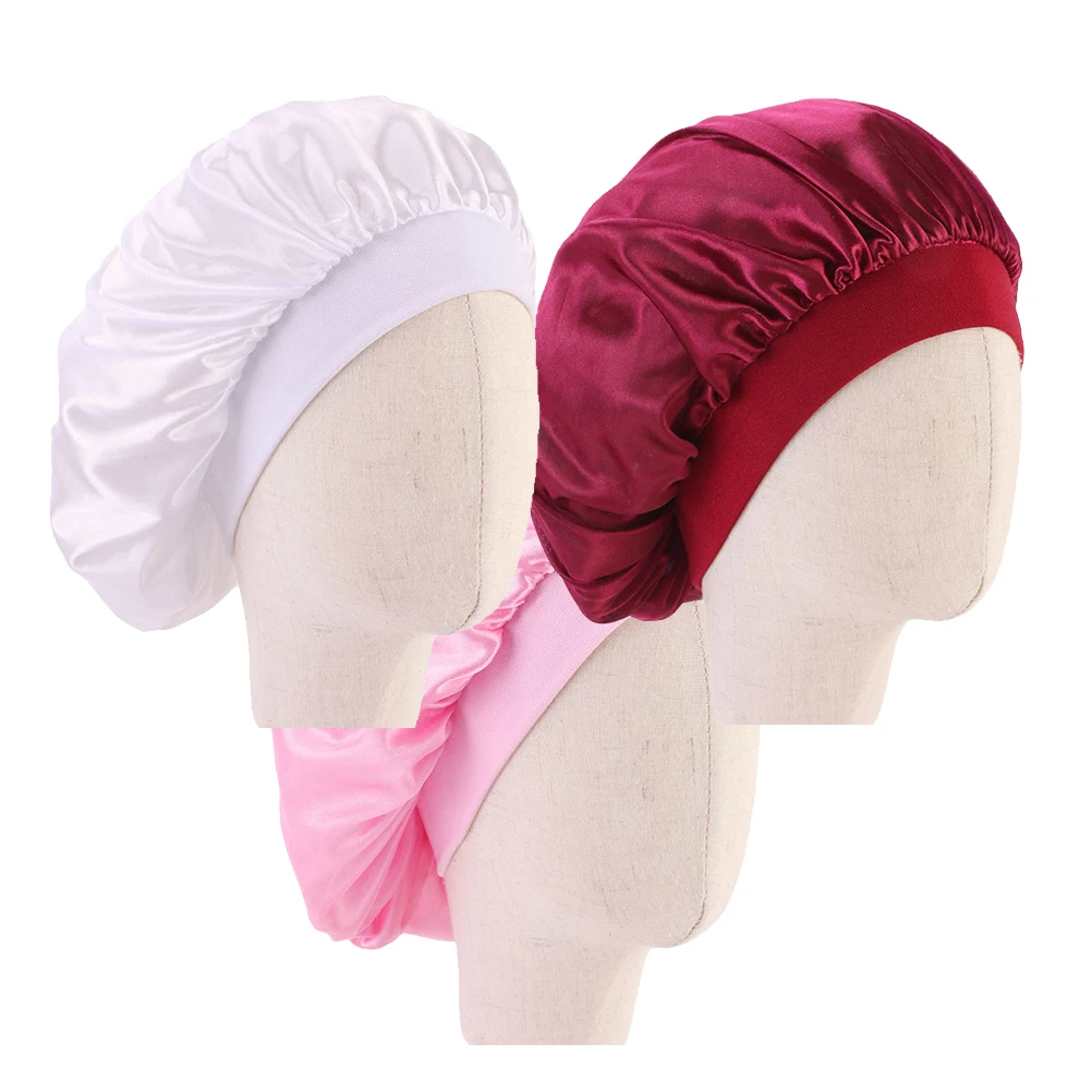 

3 шт., детский атласный капот с широкими полями, эластичная мягкая удобная детская шапка для сна, розовая, белая, винная шапка для сна