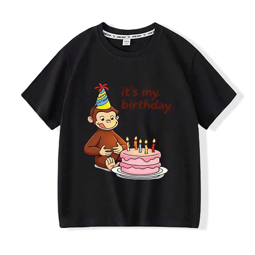 Childrens Short Sleeve Tee Cartoon Monkey Birthday Cake It's My Birthday Graphic Top For Kids Birthday Party Casual Wear