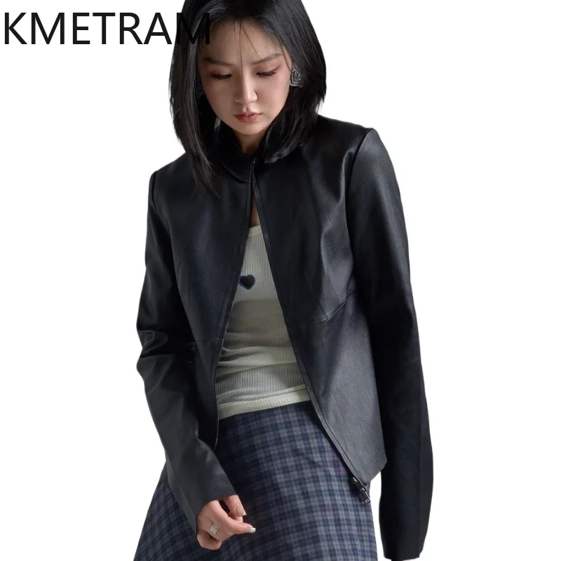KMETRAM 천연 양가죽 진짜 가죽 재킷 가을 블랙 신상 아우터웨어 2025 여성용 숏 코트