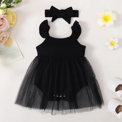 0-18 Months Newborn Baby Girl Romper Dress Sleeveless Black Lace  Dress with Headband 2PCS Costume Infant Baby Girl Jumpsuit