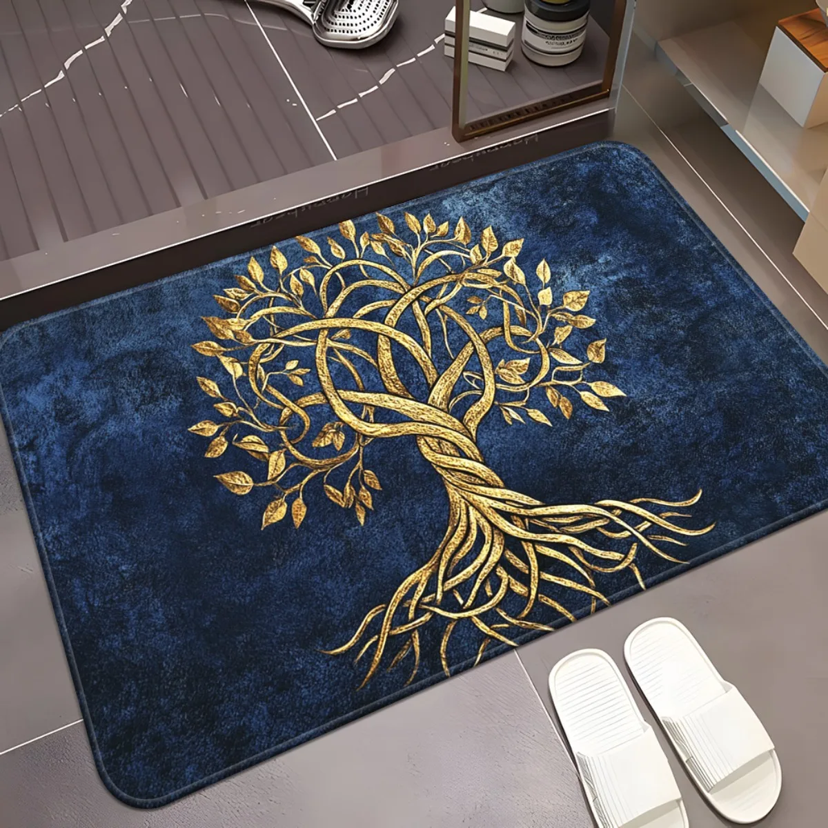 Tapis de porte en velours bleu arbre de vie doré, élégant, Style nordique, antidérapant, pour entrée, décoration de la maison, tapis de sol