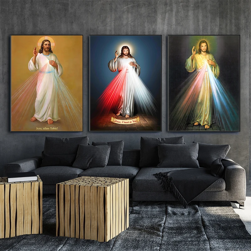 Vintage Glowing Jesus Christ Poster Jesus I Trust In You Quotes Canvas Painting Catholic Christian Living Room Home Decor Mural