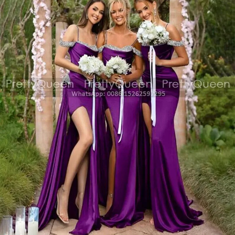

Mermaid High Split Bridesmaid Dresses Beaded Off Shoulder Waistline Cap Customized Long Purple Trumpet Wedding Party Dress