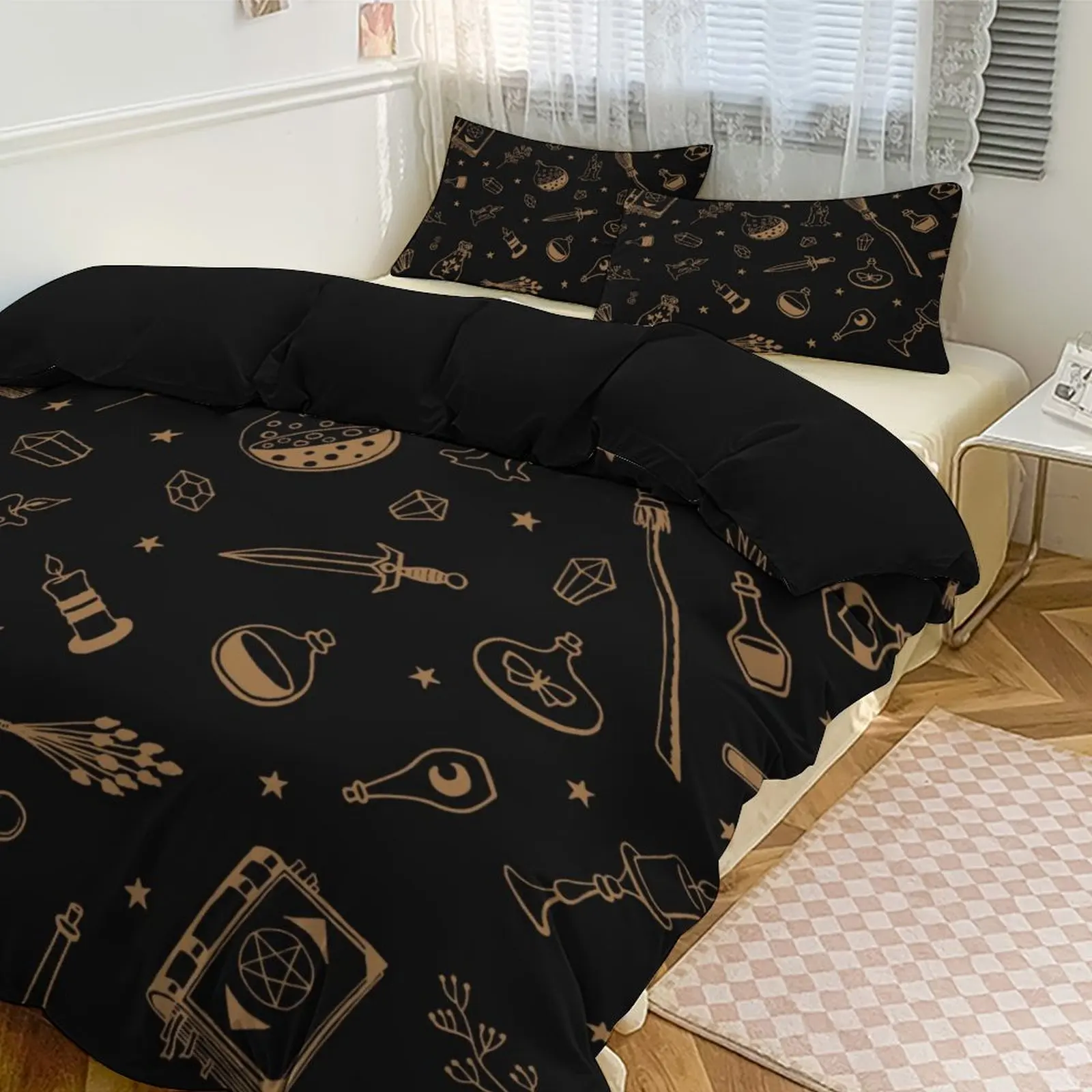 طقم سرير أسود سميك، قماش صديق للبشرة، غطاء لحاف + 2 كيس وسادة