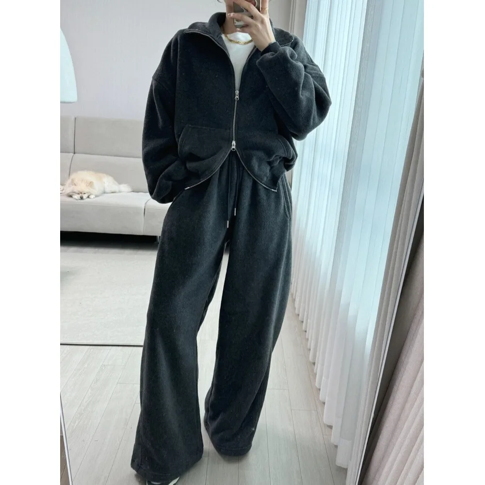 韓国風シックデザイン襟付き裏地付きスウェットトップス、伸縮性ウエストカジュアルワイドレッグパンツ、ツーピースセット、レディース服