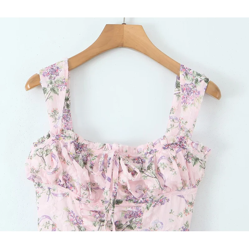 Jastie French Style Floral Print Sleeveless Mini Dresses Women Square Neck Low Waist A-line Slim Summer Dress Holiday Robe 2025